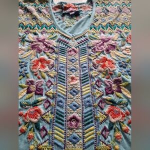Johnny Was Boho Aqua Floral Geometric Embroidered  Drape Tunic Top Size L